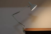 デンマークより買い付けたLouis Poulsen社製のデスクランプです。現行品では販売されていない希少なモデルで、シンプルながら機能的なデザインが特徴です。クランプタイプのため、置く場所を選ばず使用可能。最大板厚5cmまでの場所に取り付けることができるため、デスクやテーブルにしっかり固定してお使いいただけます。アーム部分は可動式で、光の角度を自由に調整できる設計になっており、デスクワークや読書、細かい作業にも最適です。ビンテージ品ならではの風合いが魅力的で、使い込まれたスチールの質感が独特の味わいを醸し出しています。