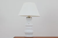 著名なデザイナー、Sidse Werner(シセ・ヴェルナー)による「BIBLIOTEK」のテーブルランプです。ペンダントランプはよく見かけますが、テーブルランプは非常に珍しいモデルです。ホルムガードならではの厚みのある高品質なガラスを使用しており、点灯するとシェードを通して柔らかな温かみのある光が広がり、空間を優雅に照らします。高さ64cmの大型サイズで存在感があり、リビングや書斎、ベッドサイドなど、あらゆるインテリアに美しく調和します。