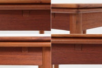 北欧より買い付けたエクステンションダイニングテーブルです。良質なチーク材が使用されており、その美しい木目が際立っています。天板は用途に応じて簡単に広げることができ、非常に便利です。また、片側のみ拡張板を広げて使用することも可能です。少し使用感が見受けられますが、価格にはその点を考慮しています。メンテナンスが施されており、全体的に綺麗な状態です。