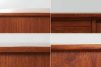 この両袖デスクは、北欧らしいバータイプの取手を備えた引き出しや、背面に配置されたバックシェルフが特徴的で、収納力に優れ、使い勝手も抜群です。本体には上質なチーク材が使用されており、経年変化によって美しい温かみのある色合いが生まれ、お部屋の空間を魅力的に演出します。また、本体には反りがありますが、その点を考慮した価格設定となっています。