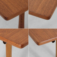 Borge Mogensen(ボーエ・モーエンセン)がFDB Moblerのために手掛けたC18ダイニングテーブルは、チーク材天板とオーク材脚部を組み合わせた北欧モダンを象徴するビンテージ家具で、直線的で端正なプロポーションと安定感のあるT字脚構造が特徴です。拡張板を備え、来客時や家族構成の変化にも柔軟に対応でき、日常使いから特別な食卓まで幅広く活躍します。現在はCarl Hansen & Son社より復刻生産されていますが、チーク材天板とオーク材脚部という素材の組み合わせは当時のビンテージ品ならではの仕様で、脚部に用いられた真鍮製の留め具も現行品とは異なる形状となっています。経年により深みを増した木肌と、実用性を重視したモーエンセンらしい設計思想、そしてビンテージならではのディテールを味わえる一台です。