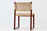 北欧より買い付けた「Bm61」です。このチェアは、脚先がつながったデザインとなっており、フローリングはもちろん、畳にダメージを与えにくいため、畳の部屋でもご使用いただけます。そのため、日本の家庭でも使い易いチェアです。軽量ながらも強度があり、背もたれがくの字になっており、ラタンの柔軟な強度も相まって座り心地も良好です。ラタンはデンマーク国内の家具張り替え専門店「Bruun Olsen Flet」で一度張り替えられており、前オーナーが長く丁寧に使用していたことがうかがえます。日本に入荷した際にはラタンが弱っていたため、日本の北欧家具椅子張り専門の職人によって再度張替を行いましたので、今後も長くご使用いただけます。このチェアは2020年にFredericiaよりオーク材のモデルが復刻されましたが、マホガニー材のものはビンテージ品でのみ入手可能です。