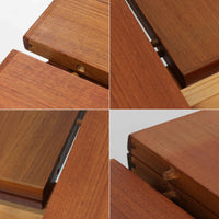 Vamo Mobelfabrikによって製造されたこちらのエクステンションダイニングテーブルは、チーク材の豊かな木目と重厚感のある質感が魅力の北欧ビンテージ家具で、幅150cmから最大270cmまで拡張可能な構造により、来客時や家族団らんの場にも柔軟に対応します。天板下に格納された2枚の中板を引き出して使用するシステムは実用性と美しさを兼ね備え、シャープなエッジと丸みを帯びた脚部が洗練された佇まいを演出します。デザイナー不明ながら、Vamo社ならではの確かな造りとDanish Controlラベルが品質の高さを物語る一台です。