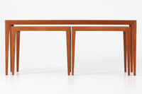 北欧より買い付けたSeverin Hansen Jr.によるデザインのサイドテーブルです。天板と脚の角には美しいトメ加工が施され、シンプルながらも洗練されたデザインが特徴です。こちらの商品はネストテーブルで、コーヒーテーブルやサイドテーブルとして幅広くお使いいただけます。使わない時はコンパクトに収納可能で、お部屋をすっきりと保てます。上質なチーク材を使用しており、耐久性と木材ならではの温かみもお楽しみいただけます。