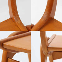 Henning Kjaernulfがデザインし、Soro Stolefabrikにより製造されたダイニングチェア。ビーチ材を用いた軽快なフォルムに、緩やかにカーブした背もたれと成形された座面を組み合わせ、快適な座り心地と美しい意匠を両立しています。スタッキング可能な実用性も備え、必要に応じて省スペースで収納できる点も魅力。北欧デザインらしい機能美と、ビンテージならではの味わい深い木の風合いを楽しめる一脚です。