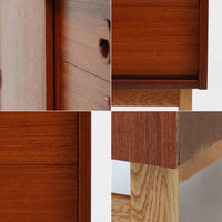 チーク材とオーク材を組み合わせて作られたスウェーデン製のディスプレイシェルフです。幅90cmと使いやすいサイズ感で、上部の棚には本やオブジェを、下部の引き戸と引き出しには日用品を収納できる実用性の高い構成となっています。滑らかな木肌や丁寧な造りには職人技が感じられ、経年により深みを増した木の風合いが空間に温かみをもたらします。リビングやダイニングはもちろん、書斎や寝室の収納兼ディスプレイとしても活躍する、北欧ビンテージ家具らしいシンプルかつ機能的な一台です。