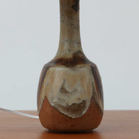 Axella製のこちらのテーブルランプは、素地を生かした陶土の質感に流れるような釉薬のグラデーションが重なり合う有機的な表情が魅力で、ぽってりとした丸みのあるフォルムと細く立ち上がる首部の対比が北欧らしい温かみのある佇まいを生み出すビンテージ品です。手仕事ならではの不均一な釉薬の景色が一点物の存在感を与え、リネンシェードからこぼれる柔らかな灯りがリビングや寝室に落ち着いた雰囲気を添え、経年で深まった陶肌の風合いが空間に自然なアクセントを加えてくれます。