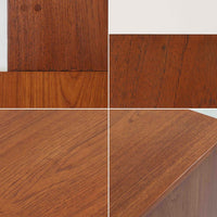 Hans J. Wegnerがデザインし、Ry Moblerが製作したディスプレイシェルフです。美しい木目をもつチーク材を主体に、内部や構造部にはオーク材、金具には真鍮を組み合わせた上質なつくりが魅力。上部のオープン棚は飾り棚として器やオブジェ、本を美しく見せ、下部の開き戸収納は細かい日用品や書類をすっきり隠して収納できます。直線的で端正なフォルムの中に、ウェグナーらしい丁寧な木工技術と素材の美しさが息づき、経年で深みを増した色艶が空間に格別の存在感を添える一品です。リビングや書斎、ショップ什器としてもおすすめです。