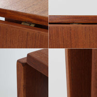 デンマークのHundevad & Co社によるバタフライ式のダイニングテーブルは、希少なチーク材を使用した上品な佇まいと、幅133cmから195cmへと片側の拡張板でサイズ調整が可能な機能性が魅力の一台です。普段はコンパクトに、必要に応じて天板を広げて使える設計は、日常から来客時まで幅広く活躍します。直線的なフレームと繊細な脚部が調和し、空間に北欧ビンテージらしい落ち着きと温かみを添えてくれます。