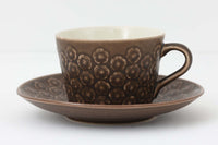 Kronjydenアズール、ブラウンカラーのカップソーサーです。1957年にKronjydenから制作が始まったシリーズは、その後Nissen、Bing&Grondahlと引き継がれ長く愛されたシリーズとなりました。デンマークではスウェーデンやフィンランドの陶器メーカーと並んで今でも非常に人気のある商品となります。