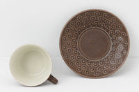 Kronjydenアズール、ブラウンカラーのカップソーサーです。1957年にKronjydenから制作が始まったシリーズは、その後Nissen、Bing&Grondahlと引き継がれ長く愛されたシリーズとなりました。デンマークではスウェーデンやフィンランドの陶器メーカーと並んで今でも非常に人気のある商品となります。