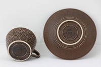 Kronjydenアズール、ブラウンカラーのカップソーサーです。1957年にKronjydenから制作が始まったシリーズは、その後Nissen、Bing&Grondahlと引き継がれ長く愛されたシリーズとなりました。デンマークではスウェーデンやフィンランドの陶器メーカーと並んで今でも非常に人気のある商品となります。