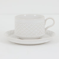 デンマークを代表するデザイナー、イェンス・H・クイストゴーによる「Cordial(コーディアル)」シリーズのヴィンテージカップ&ソーサーです。1960年代にKronjydenから制作が始まったシリーズは、その後Nissen、Bing&Grondahlと引き継がれ長く愛されたシリーズとなりました。ストーンウェアにハートを連想させる繊細な型押し模様が施されており、デンマークではスウェーデンやフィンランドの陶器メーカーと並んで今でも非常に人気のある商品となります。