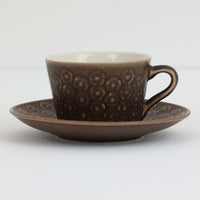 デンマークを代表するデザイナー、イェンス・H・クイストゴーによる「Azur(アズール)」シリーズのヴィンテージカッププ&ソーサーです。1960年代にKronjydenから制作が始まったシリーズは、その後Nissen、Bing&Grondahlと引き継がれ長く愛されたシリーズとなりました。落ち着いたブラウンとプラム色の繊細なフラワーレリーフが施されたストーンウェアは、自然の美しさを食卓にそっと運びます。特にAzurシリーズはヴィンテージ市場でも流通量が極めて少なく高価な逸品となります。