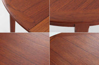 北欧より買い付けた、円形のダイニングテーブルです。急な来客時にも対応できるエクステンションタイプです。良質なチーク材が使用されていますのでお部屋に暖かみを与えてくれそうです。拡張板の仕様(色味と構造)が異なります。拡張板はサービス品とお考えください。使用には問題ございません。円形のため拡張板は別保管となります。