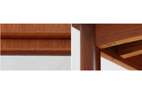 北欧より買い付けたエクステンションダイニングテーブルです。良質なチーク材の綺麗な木目が綺麗です。使用目的によって、さっと天板を広げる事が出来ますので、大変便利です。片方だけ拡張板を広げて使用可能です。