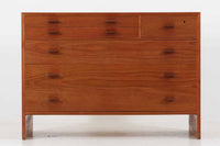 ウェグナーがデザインしたキャビネットを数多く手がけた今は無きRYmobler社のチェストです。熟練の職人によって細かい所も丁寧に作成されており、ビンテージ品でのみ入手可能です。足摺りはオーク材ですが、それ以外はチーク材が使用された希少なものです。