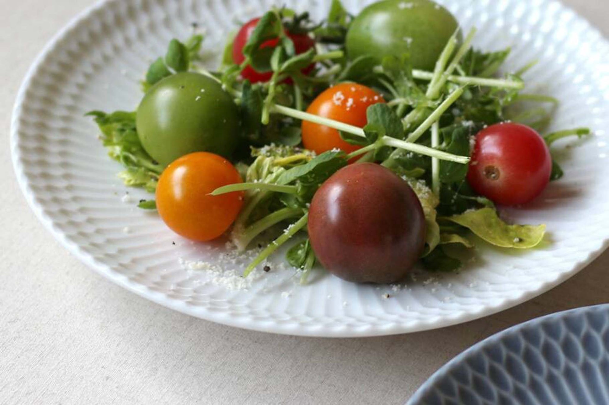 伝統的なしのぎ文様の繊細なレリーフが、料理を優しく彩る華やかな器です。皿はゆったりとした深さで毎日の食卓で活躍します。