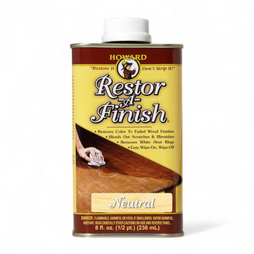 Howard Restor-A-Finish（レストアフィニッシュ）は、塗装を剥がすことなく木製家具や木部の色艶を蘇らせるリペア・コンディショナーです。日焼けや経年による色褪せ、擦り傷、水輪、白濁などを既存の塗膜を活かして補修し、深みのある色合いと自然なツヤを取り戻します。豊富なカラーバリエーションから家具の色に合わせて選べ、補修跡が目立ちにくいのが特長です。使用方法は、柔らかい布やスチールウールに本品を含ませ、木目に沿って軽くこすり、余分を拭き取るだけと簡単。再塗装や大掛かりな研磨をせずに仕上げられるため、アンティーク家具や思い出の品を現状のまま美しく保ちたい方に最適です。