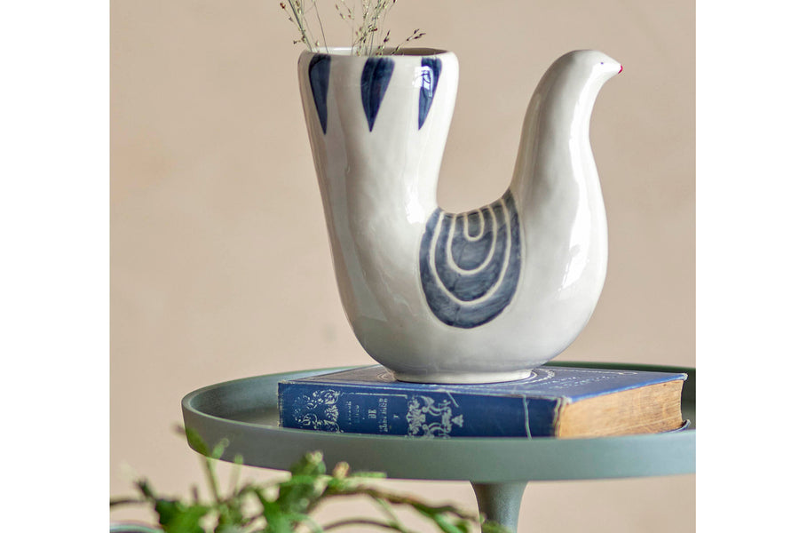 手描き陶器花瓶 花と鳥デザイン 美術品 花瓶 陶器製 花と鳥の絵柄（しろ鳥（小） / 花器 花瓶