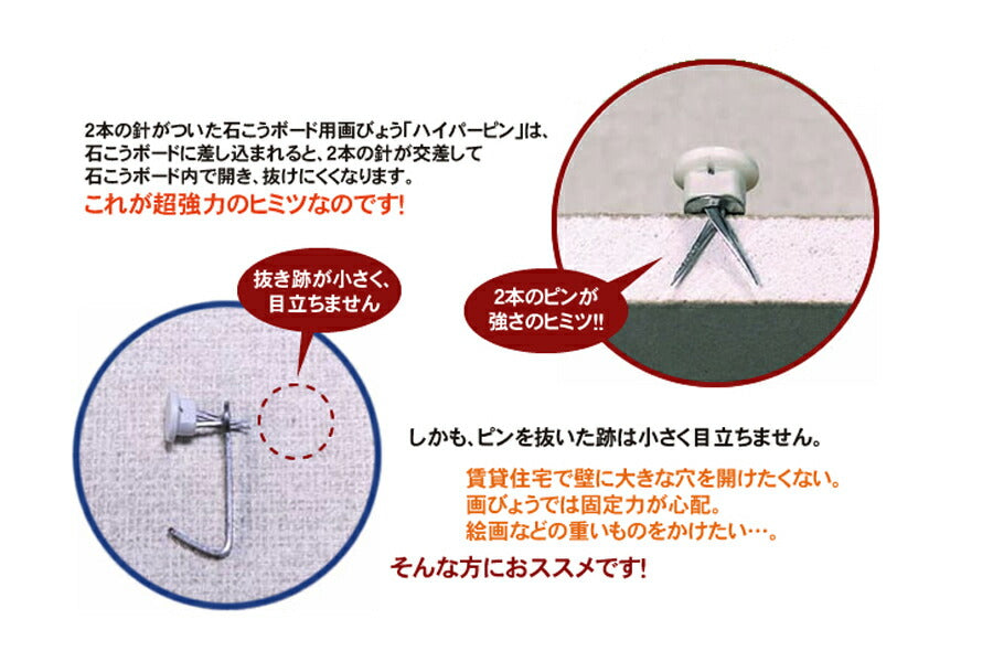 ハイパーフック「かけまくり」は、石こう画びょう「ハイパーピン」を用いて軟弱な石こうボードに物品を強力に固定する世界初のシステムです。ハイパーピンは画びょうのように指で簡単に取り付けたり、外したりできる、石膏がびょうです。取り外した跡も極めて小さく、再使用が可能なので、付け替えが自由にできます。このように「かけまくり」は簡単に、誰にも使えるユニバーサル設計です。更に、「かけまくり」は無害でリサイクル可能な材料を使い、分別廃棄も容易なエコロジー設計です。カラーフックSは、垂直制限荷重3kg（フックひとつにつき）となっています。掛け時計、額縁などをかけるのに最適です。また、カラーフックは本体が白なので、白壁でお使いいただいてもフックの色が目立ちません。
