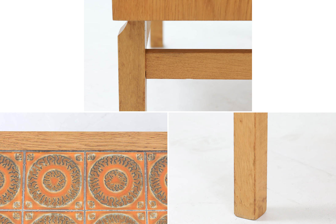 こちらは、北欧より買い付けたワイドチェストです。優れた品質のオーク材を本体に使用し、天板には淡いオレンジ色のタイルが施されており、デザインのアクセントとなっています。また、左右に取り付けられた細身の脚が、全体に洗練された印象を与えています。幅90cmのワイドサイズなので、ローボードやセンターテーブルとしてもお使いいただけます。