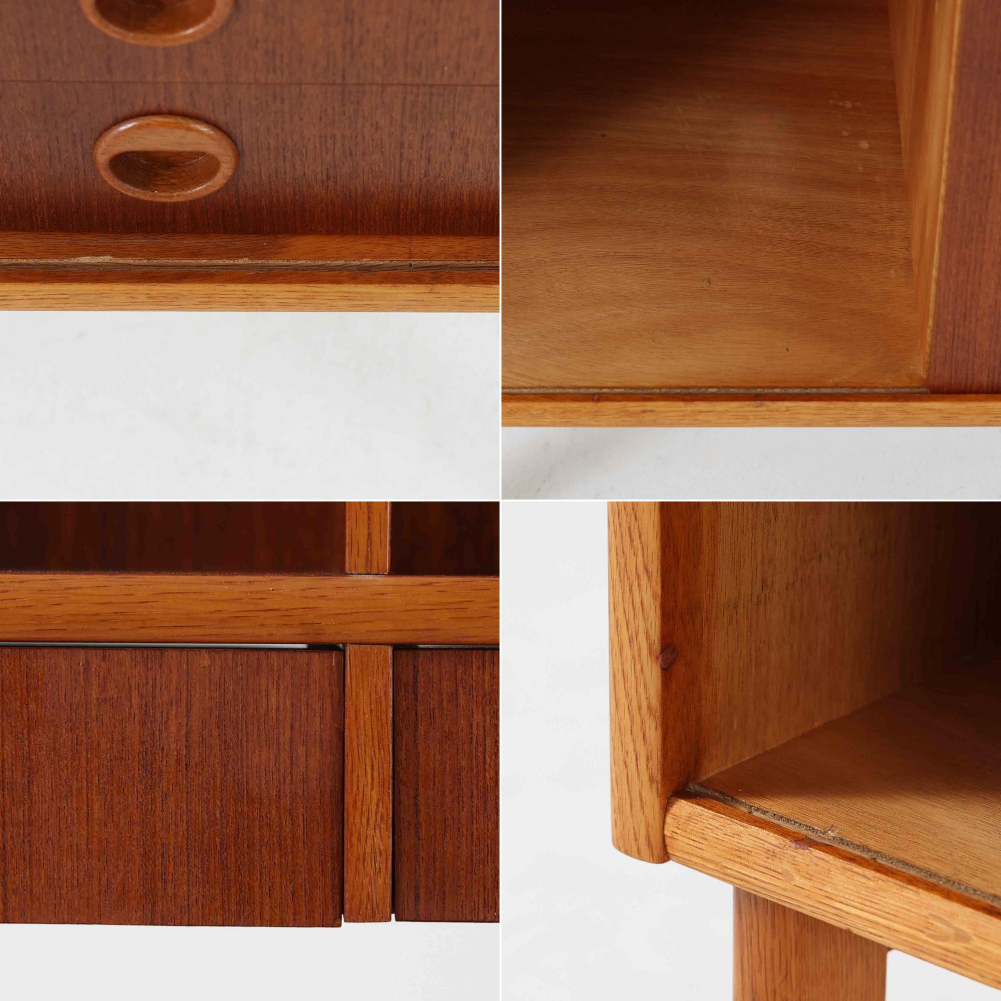 チーク材とオーク材を組み合わせたこちらのオープンシェルフは、スウェーデン製の北欧ビンテージ品で、幅85cmのコンパクトなサイズ感ながらも、引き出しや仕切り棚、スライド扉など多彩な収納機能を備えた実用的な一台です。温かみのある木の風合いと丸型の取手が、柔らかな印象を与えつつ、細部にまで配慮された職人技が感じられ、リビングや書斎の収納棚としてはもちろん、お気に入りの器や小物のディスプレイにも適しています。