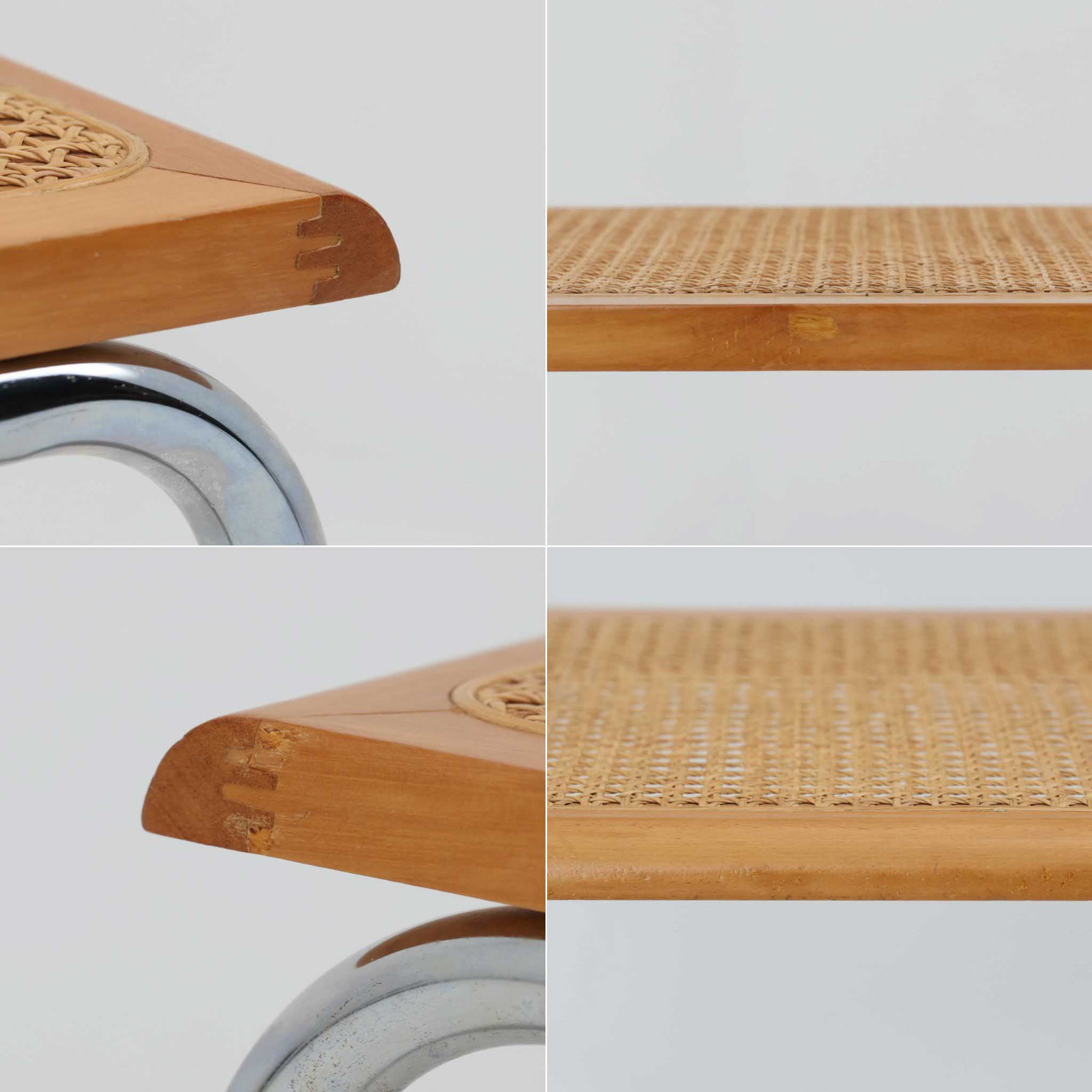 Marcel Breuerによる名作「Cesca Chair」です。ビーチ材のフレームにラタン張りの背もたれと座面を組み合わせ、軽やかな印象と快適な座り心地を実現しています。スチールパイプによるキャンティレバー構造が特徴で、浮遊感のある美しいフォルムはモダンデザインの象徴として高く評価されています。異素材が調和した洗練された佇まいはダイニングや書斎、店舗空間にもおすすめです。長年愛され続けるデザインとビンテージならではの風合いをお楽しみいただける一脚です。こちらのCesca Chairは、リプロダクト（復刻版）品となります。多くのリプロダクトが市場に出回っており、北欧地域でも使用されていることが確認されています。また、本チェアはデンマークディーラーより買い付けた品物になりますが、生産国、製造メーカーについては不明です。