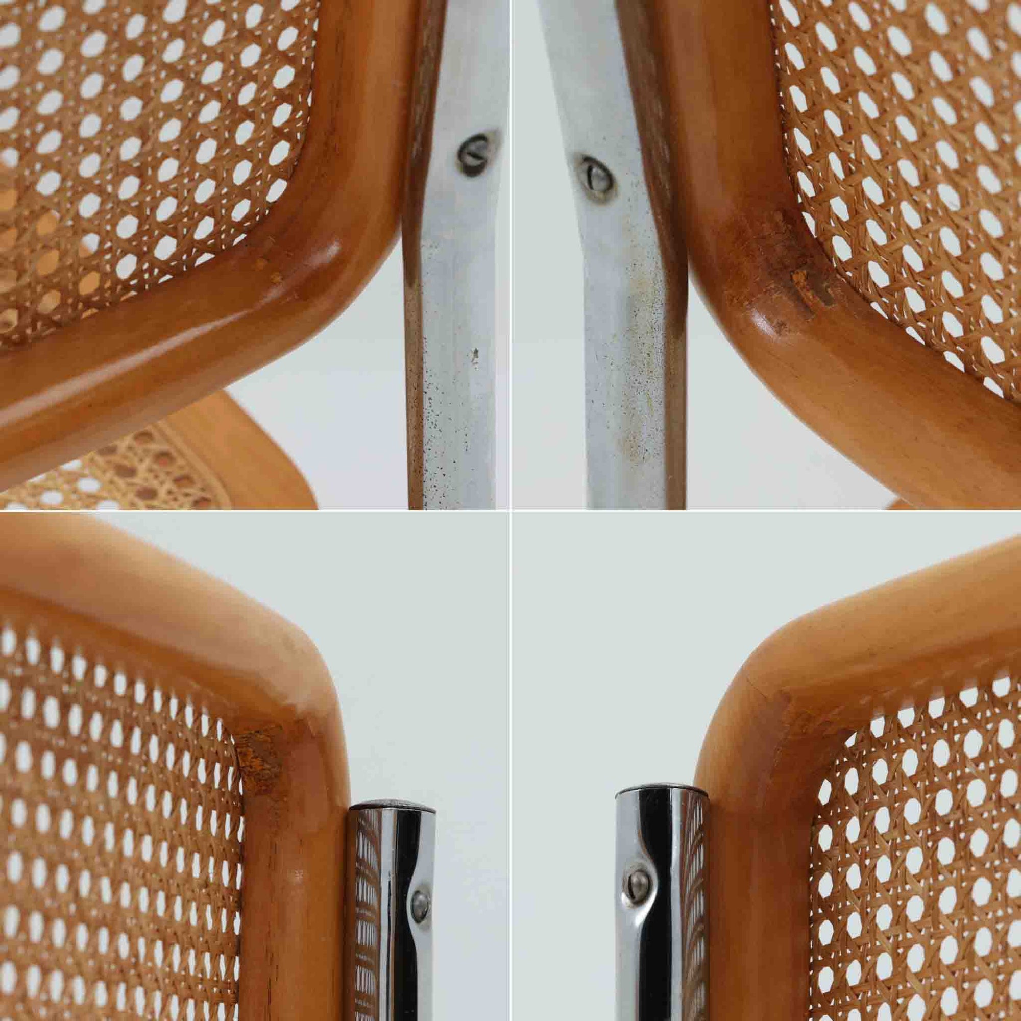 Marcel Breuerによる名作「Cesca Chair」です。ビーチ材のフレームにラタン張りの背もたれと座面を組み合わせ、軽やかな印象と快適な座り心地を実現しています。スチールパイプによるキャンティレバー構造が特徴で、浮遊感のある美しいフォルムはモダンデザインの象徴として高く評価されています。異素材が調和した洗練された佇まいはダイニングや書斎、店舗空間にもおすすめです。長年愛され続けるデザインとビンテージならではの風合いをお楽しみいただける一脚です。こちらのCesca Chairは、リプロダクト（復刻版）品となります。多くのリプロダクトが市場に出回っており、北欧地域でも使用されていることが確認されています。また、本チェアはデンマークディーラーより買い付けた品物になりますが、生産国、製造メーカーについては不明です。