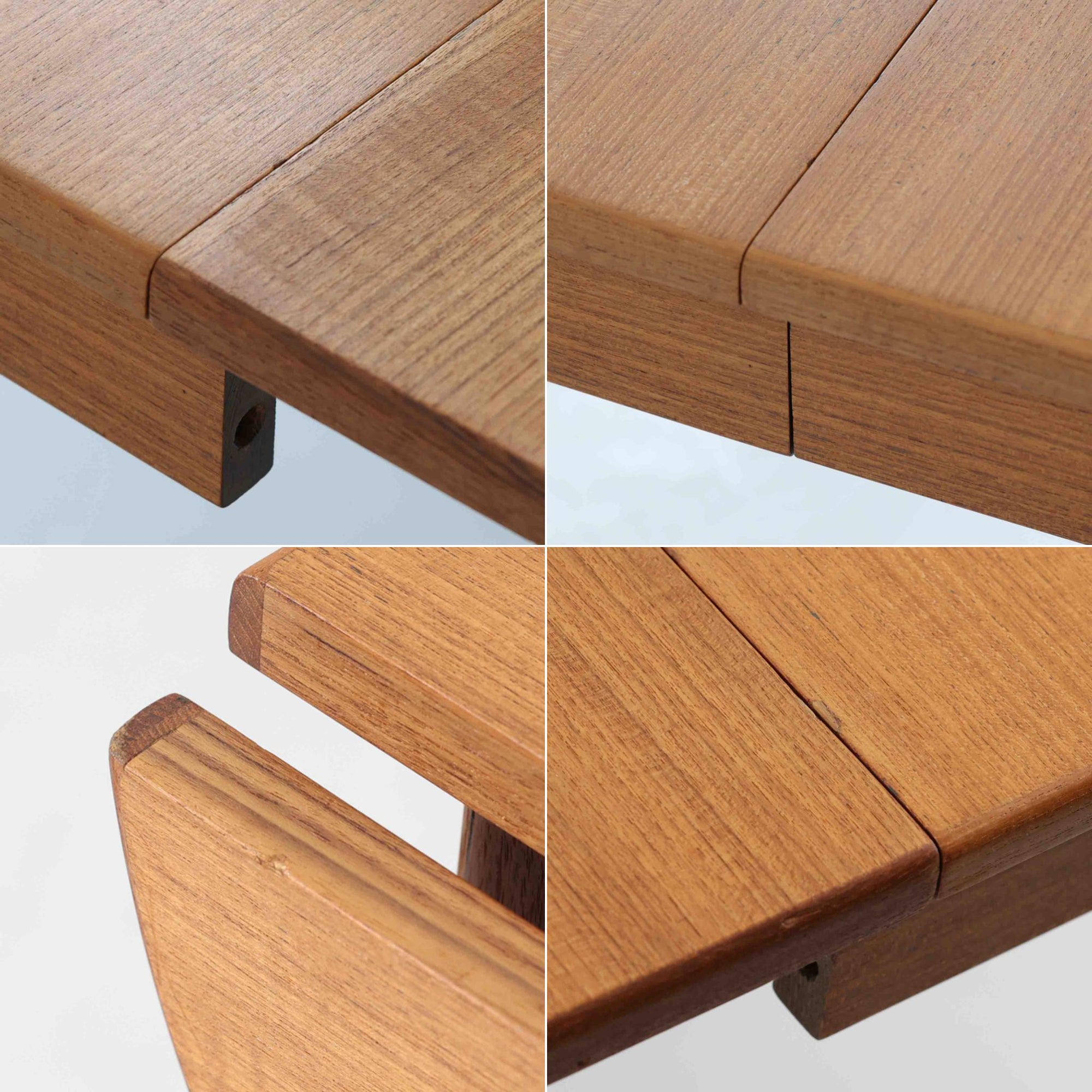 CJ Rosengaarden社によるエクステンションダイニングテーブルは、長方形の本体に両側バタフライ式の半円天板と中央拡張板2枚を備え、最大で8人がゆったりと囲める広さに対応します。温かみのあるチーク材と美しい木目、滑らかな金属レールによる開閉構造が魅力で、シーンに応じて柔軟に使える北欧ビンテージ家具の実用的な一台です。