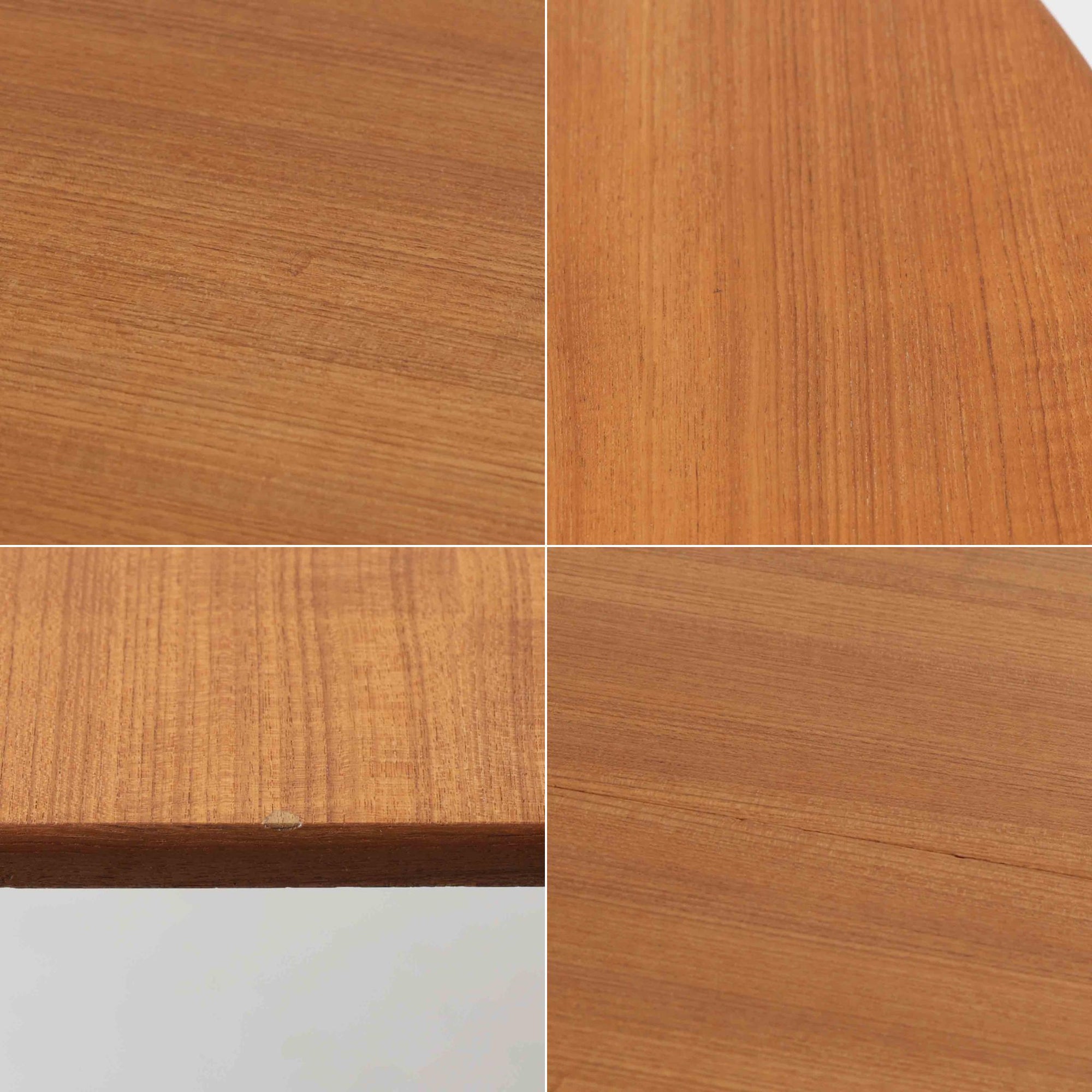 CJ Rosengaarden社によるエクステンションダイニングテーブルは、長方形の本体に両側バタフライ式の半円天板と中央拡張板2枚を備え、最大で8人がゆったりと囲める広さに対応します。温かみのあるチーク材と美しい木目、滑らかな金属レールによる開閉構造が魅力で、シーンに応じて柔軟に使える北欧ビンテージ家具の実用的な一台です。