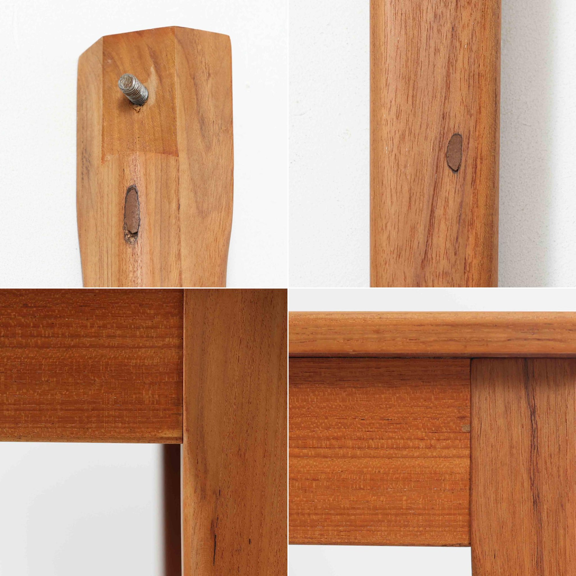 CJ Rosengaarden社によるエクステンションダイニングテーブルは、長方形の本体に両側バタフライ式の半円天板と中央拡張板2枚を備え、最大で8人がゆったりと囲める広さに対応します。温かみのあるチーク材と美しい木目、滑らかな金属レールによる開閉構造が魅力で、シーンに応じて柔軟に使える北欧ビンテージ家具の実用的な一台です。