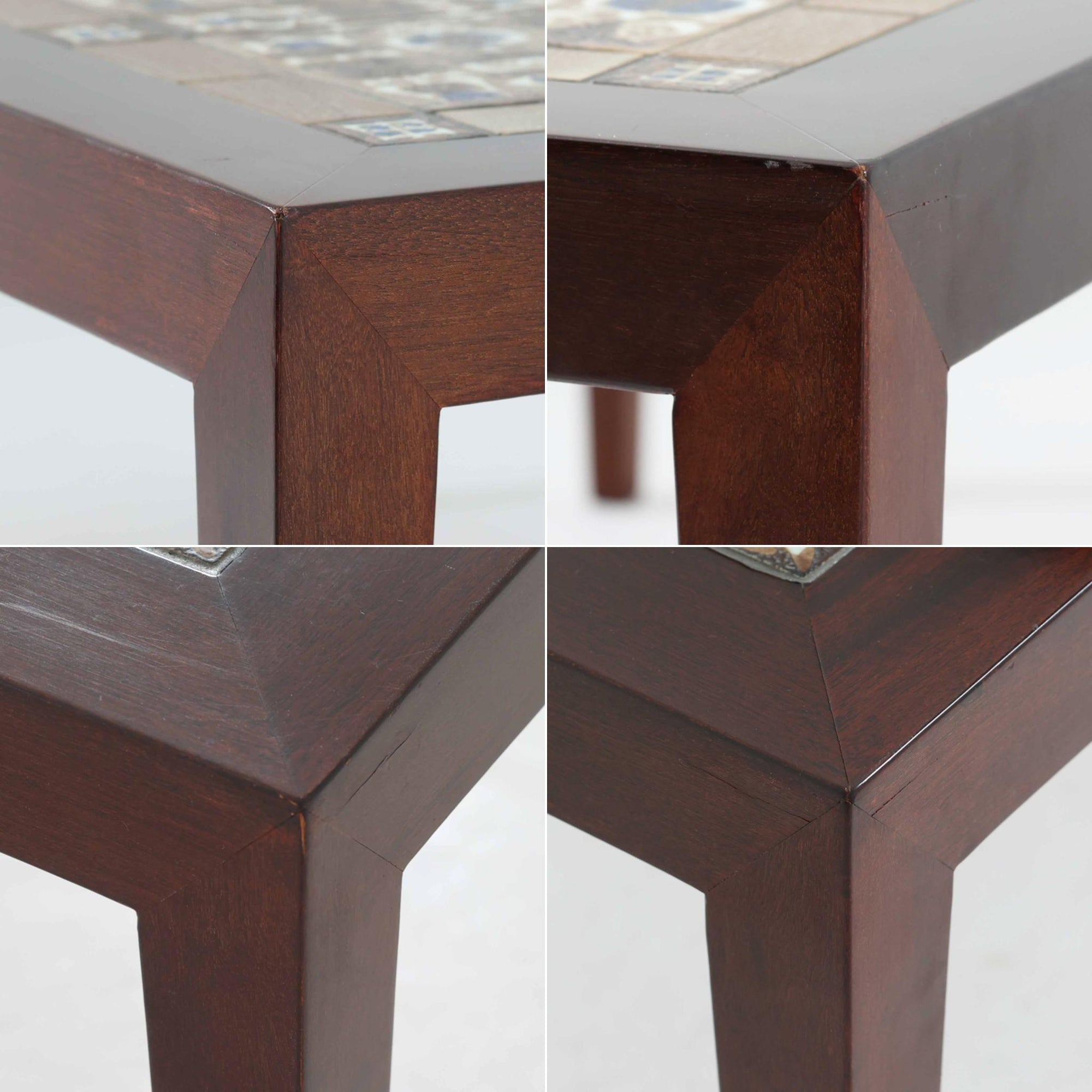 Severin Hansen Jr.によってデザインされ、Haslev社から製造されたセンターテーブルは、マホガニー材のフレームにロイヤルコペンハーゲン製Bacaシリーズのタイルをあしらった上質な一台です。精緻なカットが施された脚部と幾何学的なタイル装飾が調和し、クラフトマンシップと芸術性を兼ね備えた北欧ビンテージらしい佇まいを見せています。幅133cmのサイズ感はリビングの主役として十分な存在感を放ち、コーヒーテーブルとしてはもちろん、装飾台としてもおすすめです。