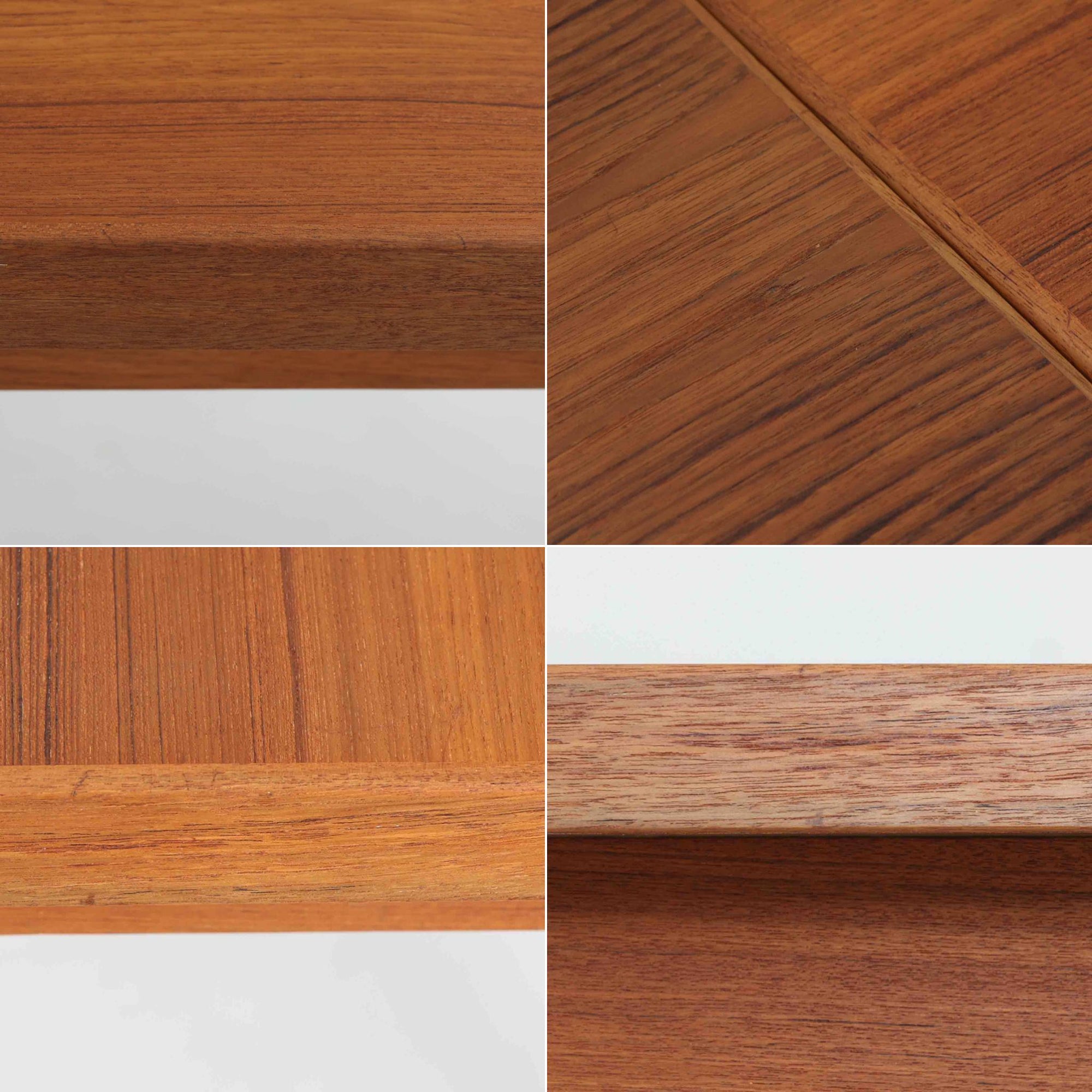 Henning Kjaernulf（ヘニング・ケアヌルフ）によってデザインされ、Vejle Stole og Mobelfabrik社が製造したデンマーク製のエクステンションダイニングテーブル。温もりあるチーク材と美しく面取りされたエッジラインが特徴です。両端のリーフを引き出すだけで最大239cmまで拡張でき、日常使いから来客時まで柔軟に対応。脚部はすっきりとした削り出しのディテールが施され、軽やかさと安定感を両立しています。素材の上質さと機能美を兼ね備えた、北欧ビンテージ家具の魅力あふれる一台です。