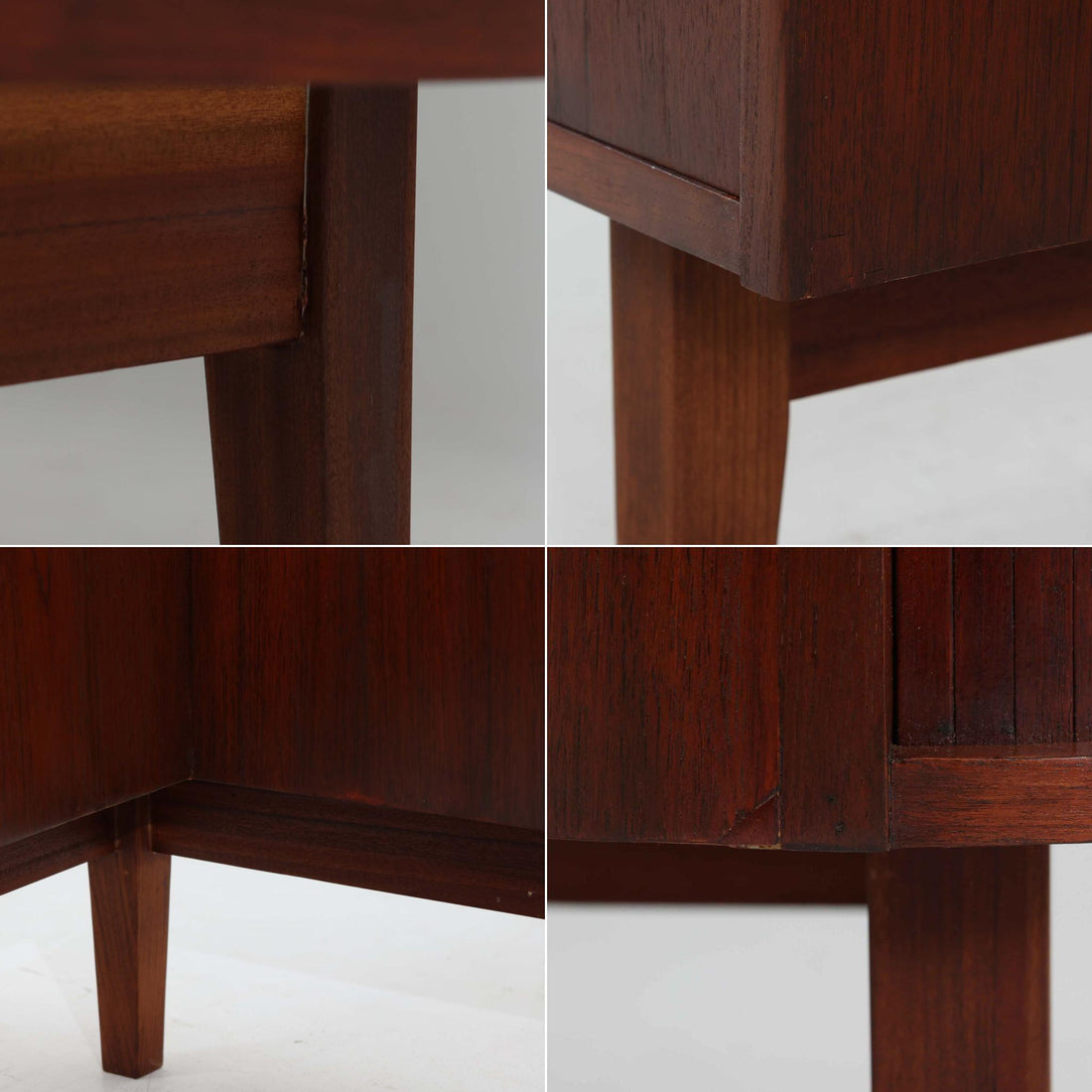 デンマーク製キドニーデスクです。緩やかな曲線を描く天板と、右側に配された蛇腹扉収納が特徴的な美しいデザインで、北欧モダンの洗練された造形美が感じられます。上質なチーク材が用いられ、深みのある色合いと木目が経年により一層味わいを増しています。背面にも収納棚を備えており、空間の中央に置いても様になる造りです。書斎デスクとしてはもちろん、ショップのカウンターや作業台としても活躍する存在感のある一台です。