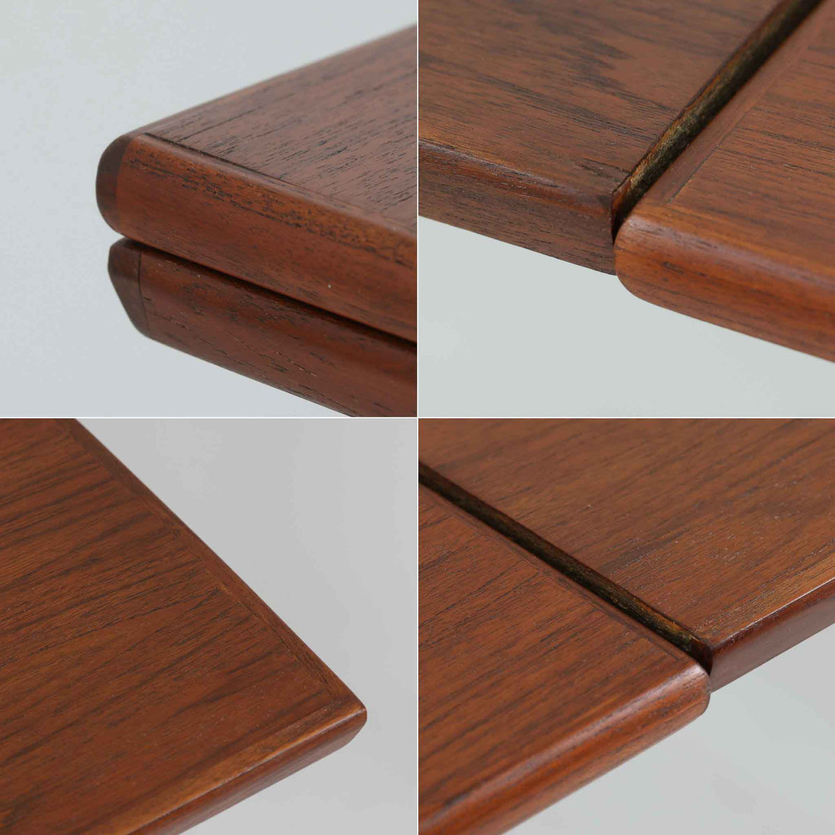 チーク材の豊かな木目と温かみのある色合いが魅力のエクステンションダイニングテーブルです。すっきりとした長方形の天板に、先端へ向かって細くなる脚を組み合わせた端正なデザインで、北欧家具らしい軽やかな佇まいが感じられます。通常時は幅123cmと取り入れやすいサイズながら、拡張時には最大211cmまで広がり、来客時や人数の多い食卓にも対応。年月を重ねたチーク材ならではの風合いを楽しみながら、日々のダイニングで実用的にお使いいただけるビンテージ家具です。