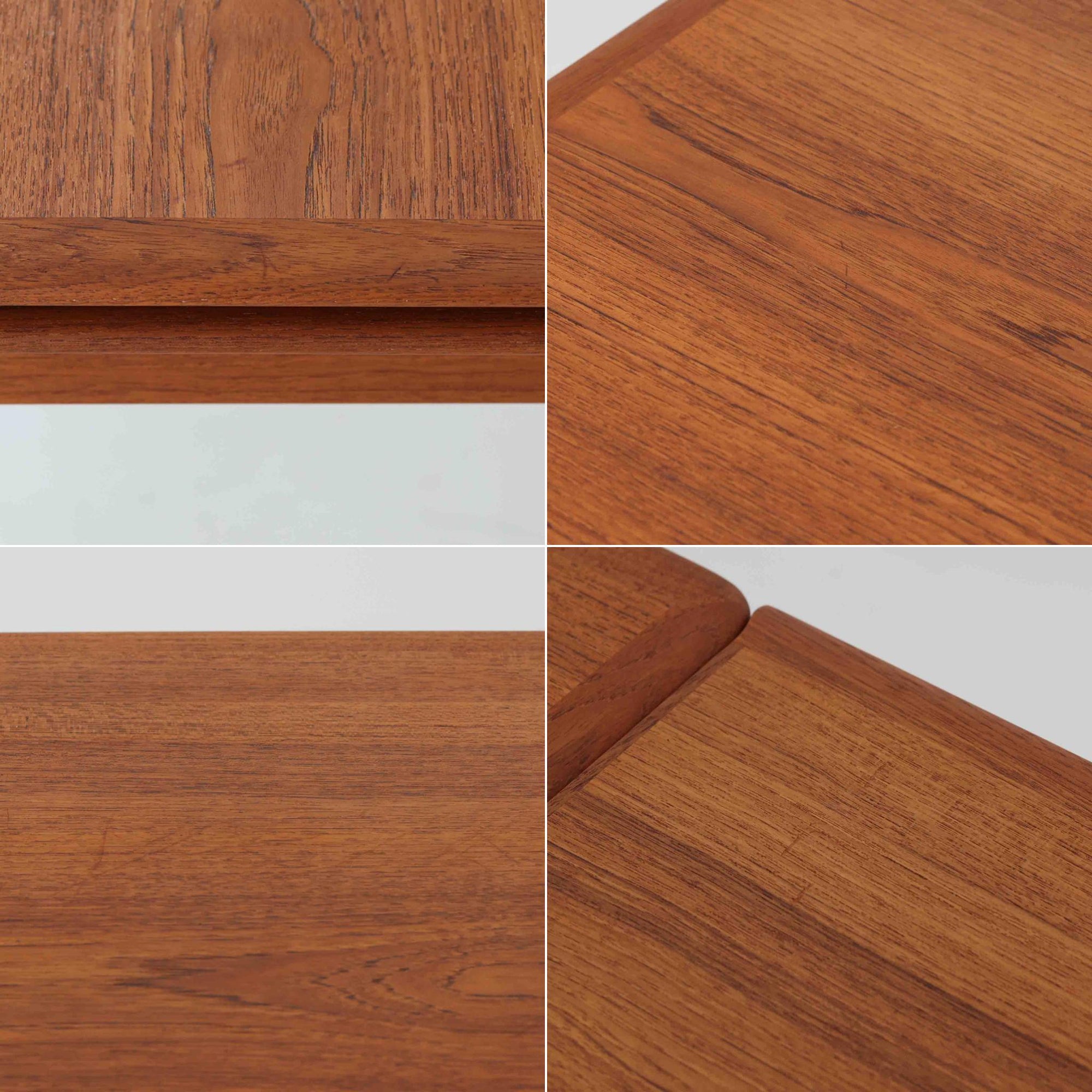 チーク材の温かみある風合いと洗練されたシルエットが魅力のエクステンションダイニングテーブルです。デザイナーは不明ですが、脚部や拡張板の形状など、細部にまでこだわりが感じられる上質な一品です。