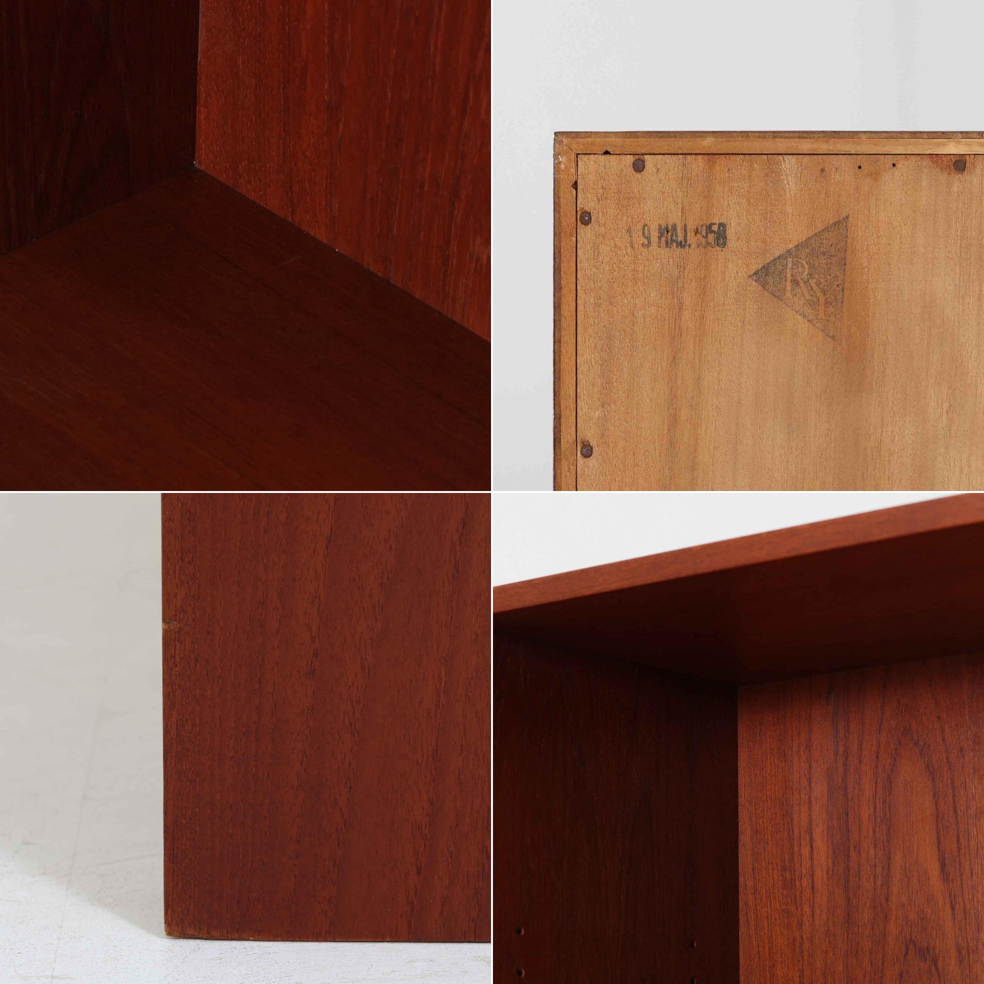 Hans J. Wegnerがデザインし、Ry Mobler社より製造されたこちらのディスプレイシェルフは、チーク材の上質な素材使いと真鍮パーツのディテールが際立つ北欧ビンテージ家具です。シンプルな直線的フォルムの中に、扉付き収納、ドロップダウン式のビューロスペース、小引き出しや仕切り棚など機能的な構造が備わっており、書斎でのデスク兼収納やリビングの飾り棚として多用途に活躍します。年月を経て深みを増した木肌が空間に落ち着いた存在感を与える逸品です。