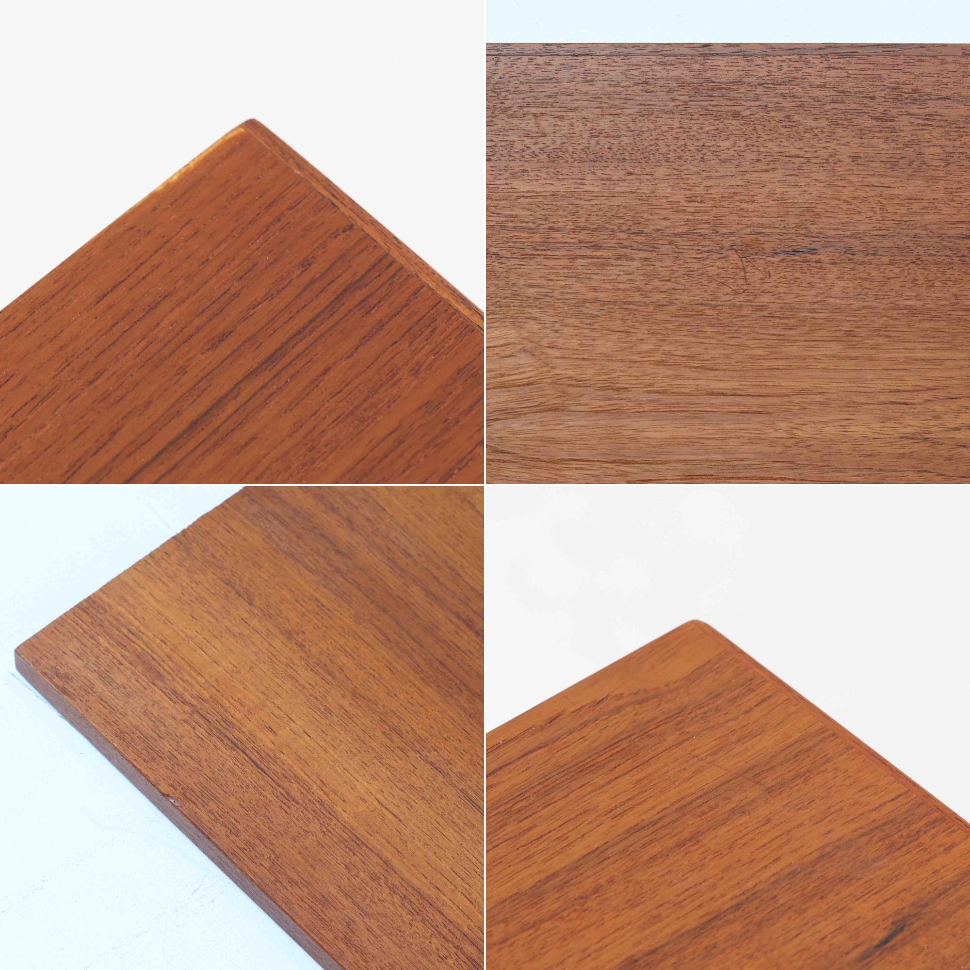 Bjerringbro Savvaerkによるチーク材キャビネットは、上下に分かれた構成と可動棚を備えた収納力の高さが魅力です。上段は3段のシェルフ、下段は珍しいポケットドア構造の扉内にA4サイズの書類が収納可能な引き出し型トレイが8段並び、書類や小物の整理に適しています。直線的で端正なフォルムと、チーク材の木目が美しく調和した佇まいは、北欧ビンテージらしい実用性と美しさを兼ね備えた逸品です。