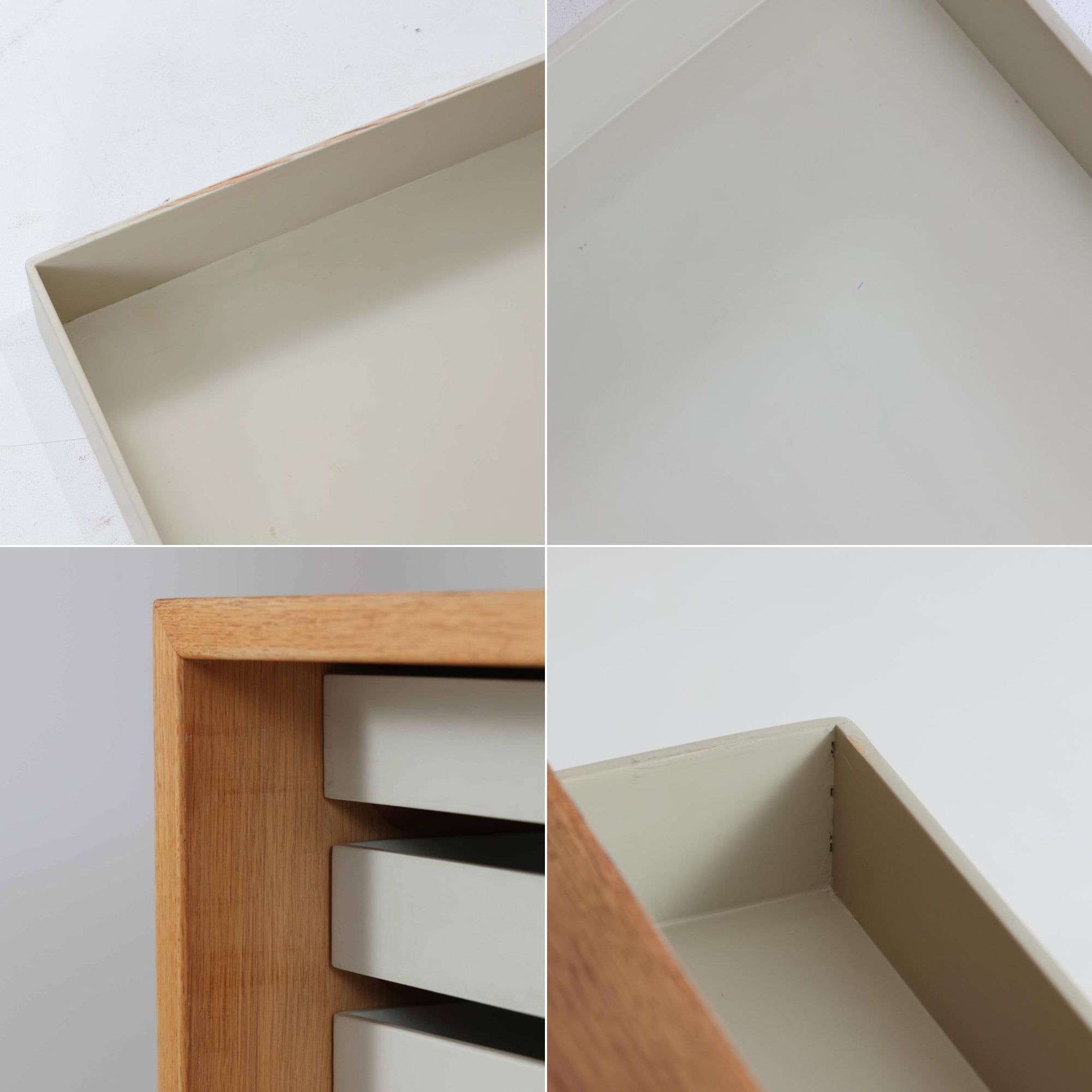 スウェーデンのKarl Andersson社より、Borge Mogensenによってデザインされたディスプレイシェルフは、端正な佇まいと機能性を兼ね備えた北欧ビンテージ家具です。オーク材の温もりある質感と美しい木目が魅力で、上段は可動棚付きのオープンシェルフ、下段には丸い掘り込み取手がアクセントとなった引き戸収納が配されています。文庫本や器、日用品の整理に最適で、暮らしの中で永く使い続けられる名作です。