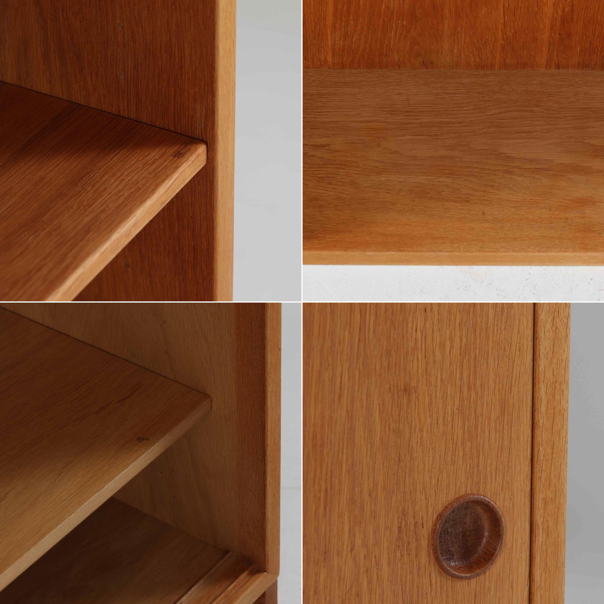 スウェーデンのKarl Andersson社より、Borge Mogensenによってデザインされたディスプレイシェルフは、端正な佇まいと機能性を兼ね備えた北欧ビンテージ家具です。オーク材の温もりある質感と美しい木目が魅力で、上段は可動棚付きのオープンシェルフ、下段には丸い掘り込み取手がアクセントとなった引き戸収納が配されています。文庫本や器、日用品の整理に最適で、暮らしの中で永く使い続けられる名作です。