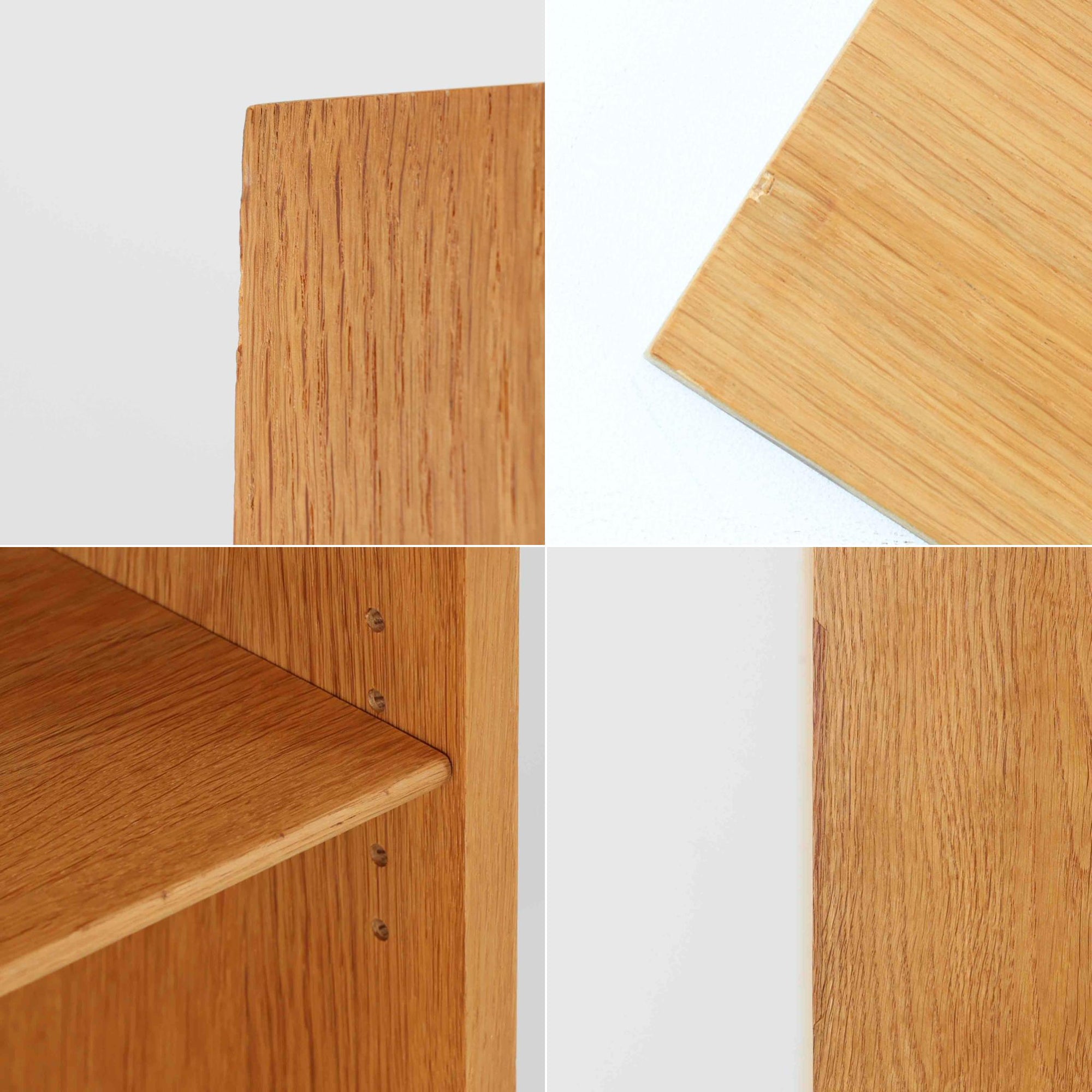 Johannes Sorthがデザインし、Bornholms Mobelfabrik社から1965年に製造されたこちらのブックシェルフは、美しい木目のオーク材と縦長のすっきりとしたフォルムが印象的な北欧ビンテージ家具で、豊富な棚板が本や雑貨の収納に優れた実用性を発揮します。裏面には「29 JUNI 1965」の刻印が残されており、当時のクラフトマンシップを感じさせる趣深い一台です。