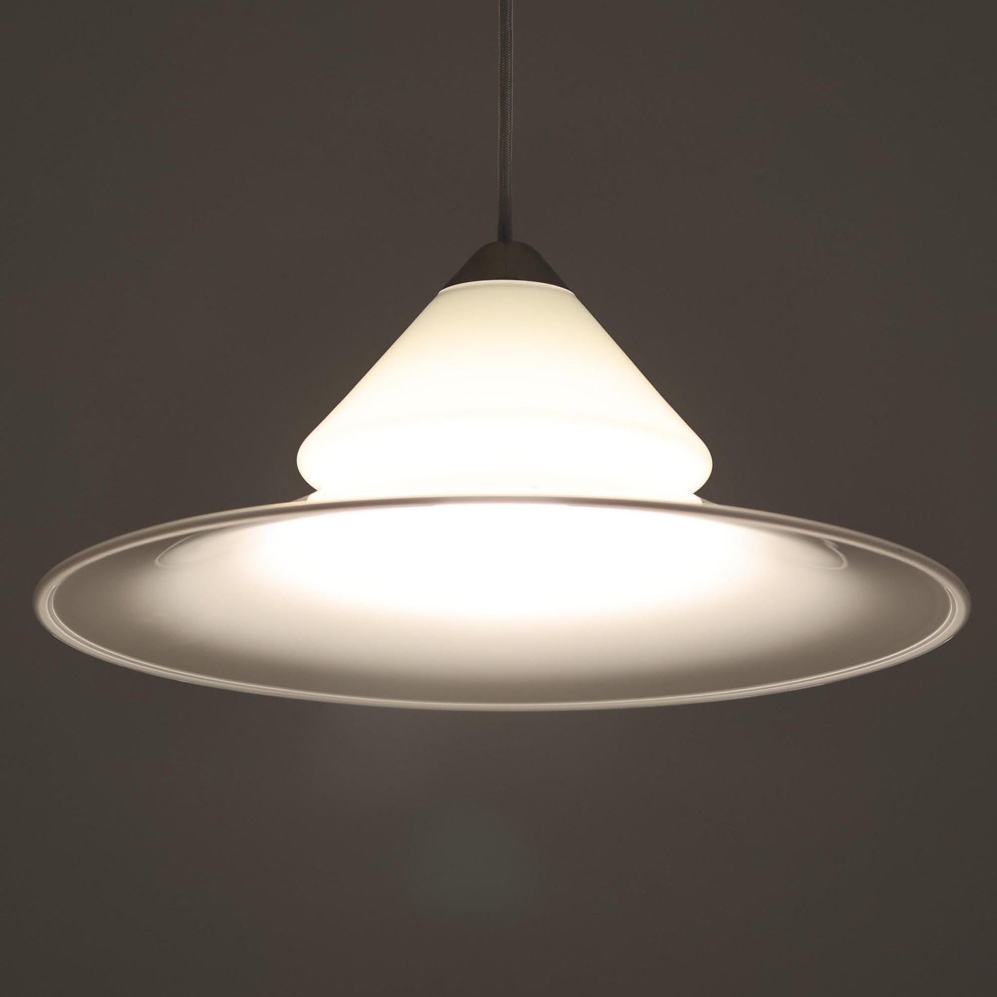 Torben Jorgensenによってデザインされ、Royal Copenhagen社から発表されたペンダントライト「Opus」です。直径42cmの大ぶりなサイズで、ガラスとアルミの組み合わせによる透明感と光沢感が際立ちます。上部のすりガラス部分から柔らかく光が広がり、下部のシェードが直接光を和らげて空間全体を心地よく照らします。シンプルでありながら優美なフォルムは、ダイニングやリビングに上質なアクセントを添え、北欧ビンテージならではのモダンで落ち着いた雰囲気を演出します。希少な一灯です。