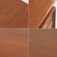 Omann Jun（オーマン・ユン）によるデザインで、同社から製造された両袖デスク「Model 75」です。チーク材の温かみある木目と、滑らかなエッジを描く天板ラインが美しく、北欧家具らしい上質な佇まいを感じさせます。左右に3段ずつ備えた引き出しは、実用性に優れながらも取手のデザインがアクセントとなっており、職人の細やかな技術が光ります。背面にも収納スペースが設けられており、空間の中央に置いても絵になる仕上がりです。ワークスペースや書斎に品格を添える、北欧ビンテージの名品デスクです。