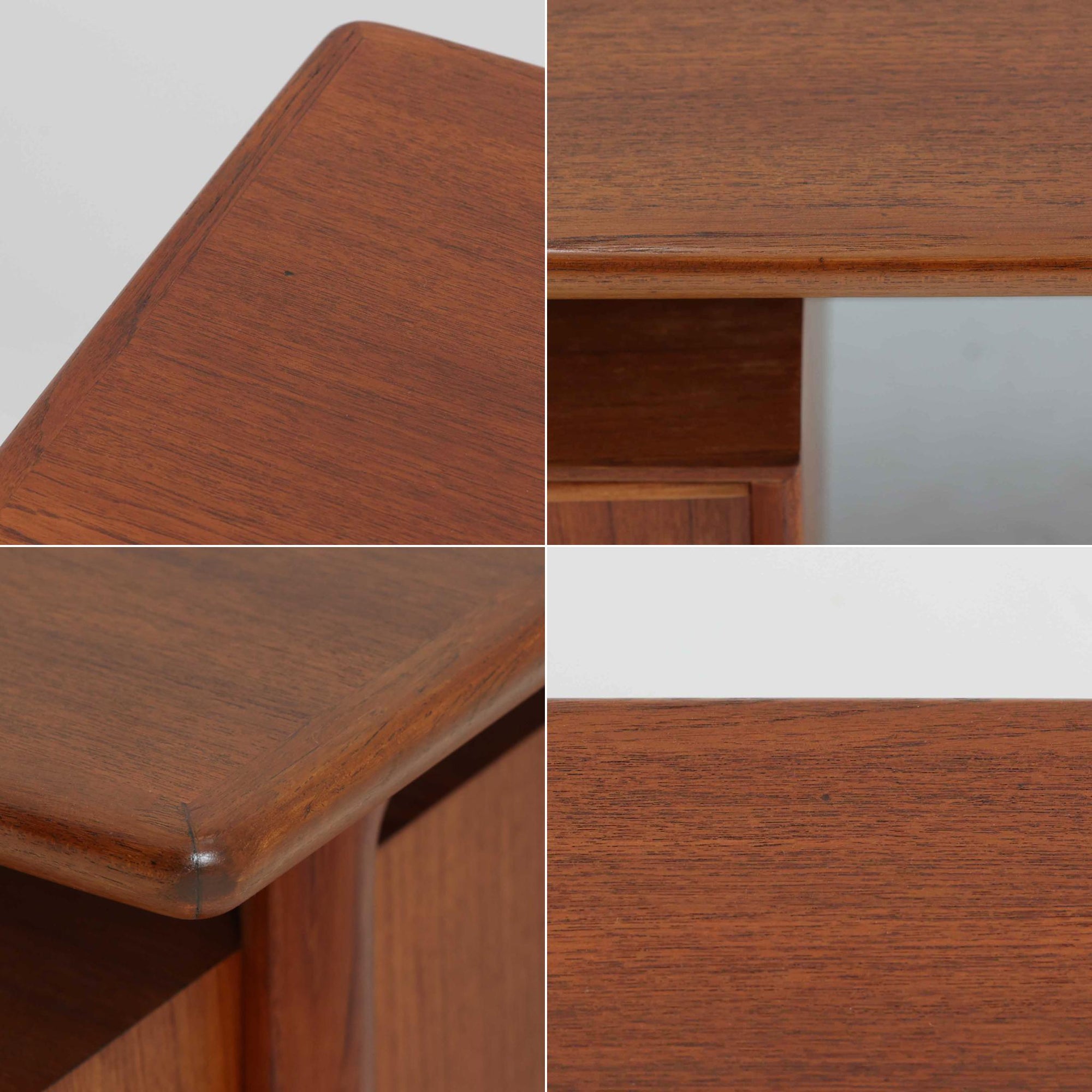 Omann Jun（オーマン・ユン）によるデザインで、同社から製造された両袖デスク「Model 75」です。チーク材の温かみある木目と、滑らかなエッジを描く天板ラインが美しく、北欧家具らしい上質な佇まいを感じさせます。左右に3段ずつ備えた引き出しは、実用性に優れながらも取手のデザインがアクセントとなっており、職人の細やかな技術が光ります。背面にも収納スペースが設けられており、空間の中央に置いても絵になる仕上がりです。ワークスペースや書斎に品格を添える、北欧ビンテージの名品デスクです。