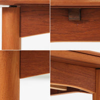 北欧らしい実用性と素材の良さが感じられる正方形エクステンションテーブルです。天板には良質なチーク材が用いられ、赤みのある木目と滑らかな手触りが、経年変化による深みとともに味わいを増しています。通常時はコンパクトなサイズ感で使いやすく、左右の補助天板を引き出すことで来客時や食事人数に応じて柔軟に対応できる構造です。脚部は細身で圧迫感がなく、幕板の緩やかな曲線が全体にやわらかな印象を与え、ダイニングはもちろんワークテーブルとしてもおすすめです。