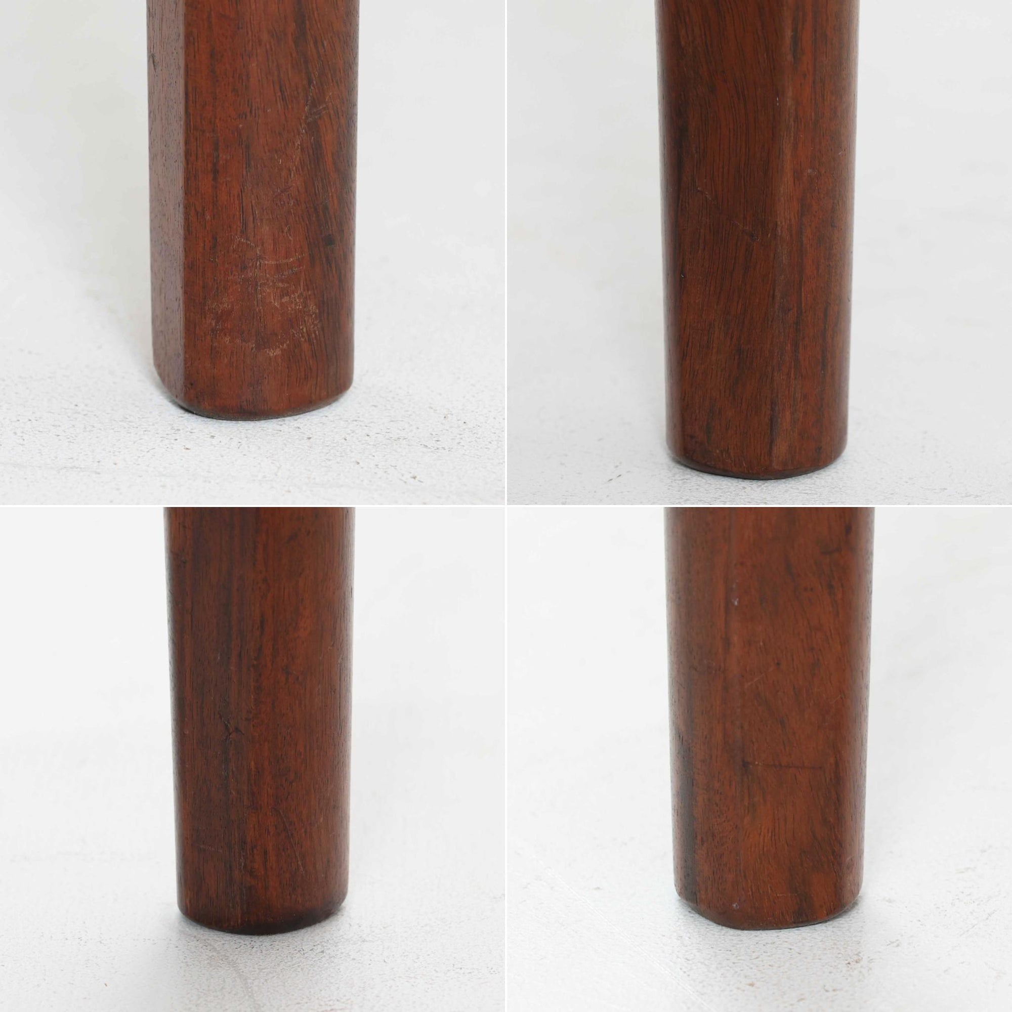 Henning Kjaernulf（ヘニング・ケアヌルフ）によるデザイン、Vejle Stole og Mobelfabrik社製のセンターテーブルです。チーク材特有の深みある色合いと美しい木目が際立ち、北欧家具らしい上質な雰囲気を漂わせます。脚部から幕板にかけての滑らかな曲線が職人技を感じさせ、どの角度から見ても整った美しいフォルムが魅力です。リビングの中心で穏やかな存在感を放ち、ソファとの相性も抜群。経年により増した艶が、ビンテージ家具ならではの温もりを感じさせます。なお、天板や幕板はチーク材と思われ、脚部にはチークに近い色調と質感をもつアフロモシア材が使用されている可能性があります。