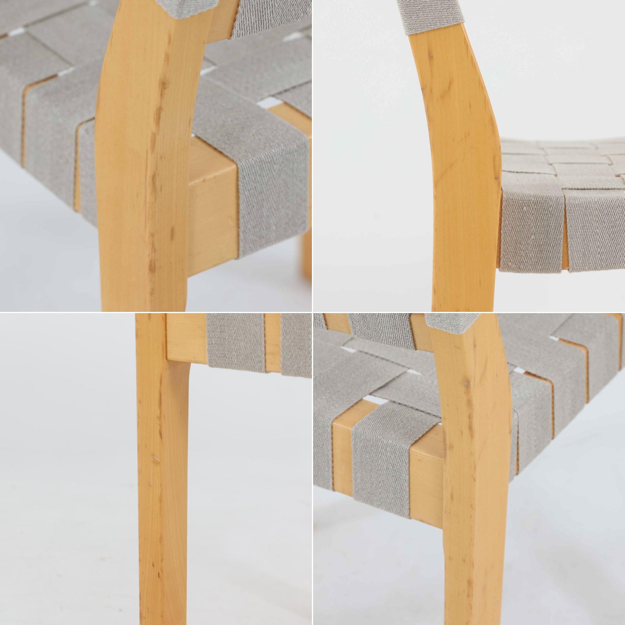 フィンランドを代表する建築家Alvar Aaltoがデザインし、Artek社から発表されたNo.611ダイニングチェアです。フレームには明るく滑らかな質感が魅力のバーチ材を使用し、座面と背もたれにはリネン製のウェビングテープを格子状に編み込むことで、軽やかな印象と快適な座り心地を実現しています。経年により深みを増したバーチ材の色味が味わい深く、シンプルながらも機能美に満ちた佇まいは北欧デザインの真髄を体現した一脚です。