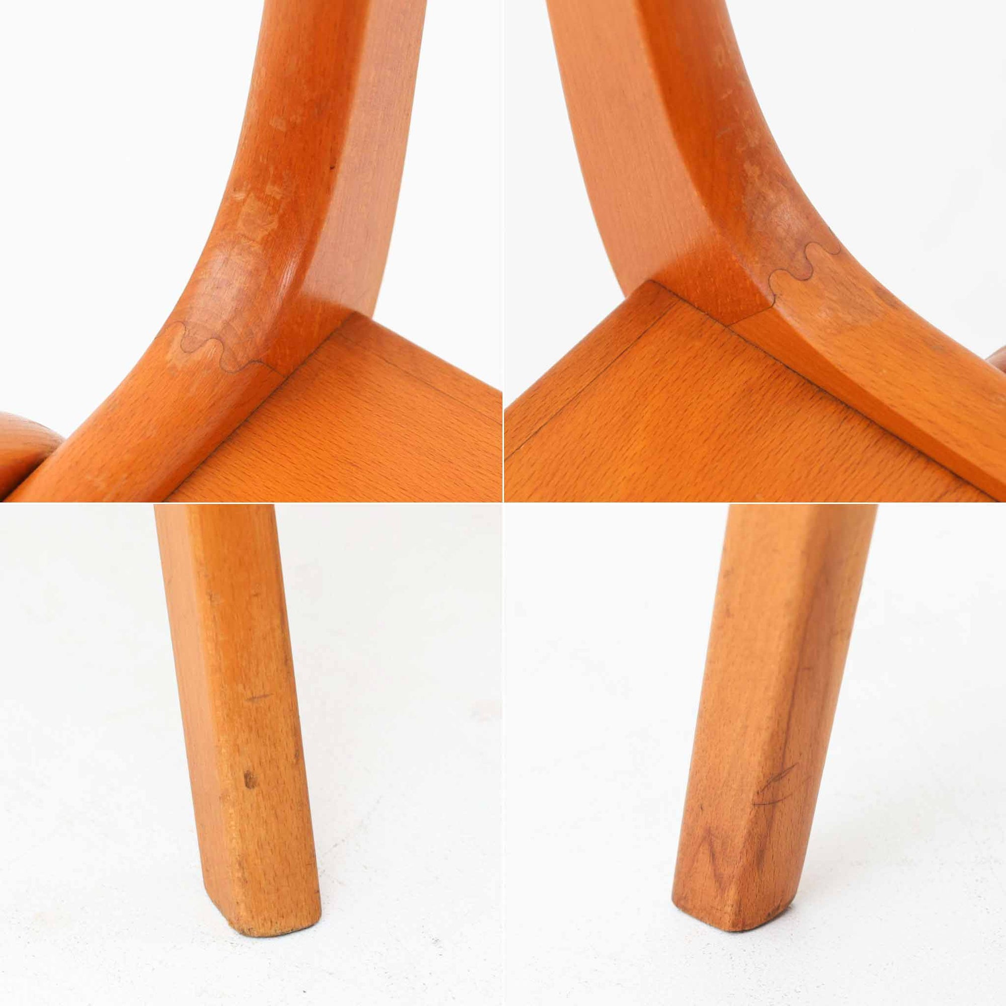 Henning Kjaernulfがデザインし、Soro Stolefabrikにより製造されたダイニングチェア。ビーチ材を用いた軽快なフォルムに、緩やかにカーブした背もたれと成形された座面を組み合わせ、快適な座り心地と美しい意匠を両立しています。スタッキング可能な実用性も備え、必要に応じて省スペースで収納できる点も魅力。北欧デザインらしい機能美と、ビンテージならではの味わい深い木の風合いを楽しめる一脚です。