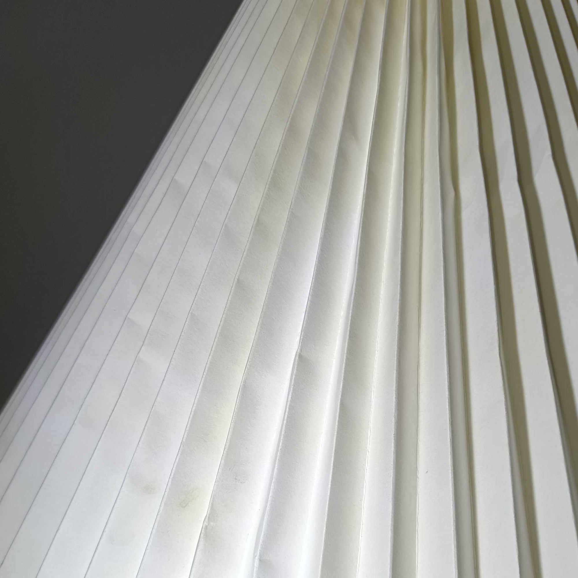 Aage Petersenによるデザインで、Le Klint社より発表されたモデル352のテーブルランプです。高さ62～85cmの昇降機能を備え、使用シーンに合わせて調整可能なのが魅力です。黒塗装のスチール支柱に真鍮パーツがアクセントとなり、プリーツ加工が美しい紙製シェードからは柔らかな光が広がります。特に点灯時にはシェードを透過して漏れる灯りが印象的で、空間を上品に演出します。現在は廃盤となっており、ビンテージ品のみ入手可能なモデルです。